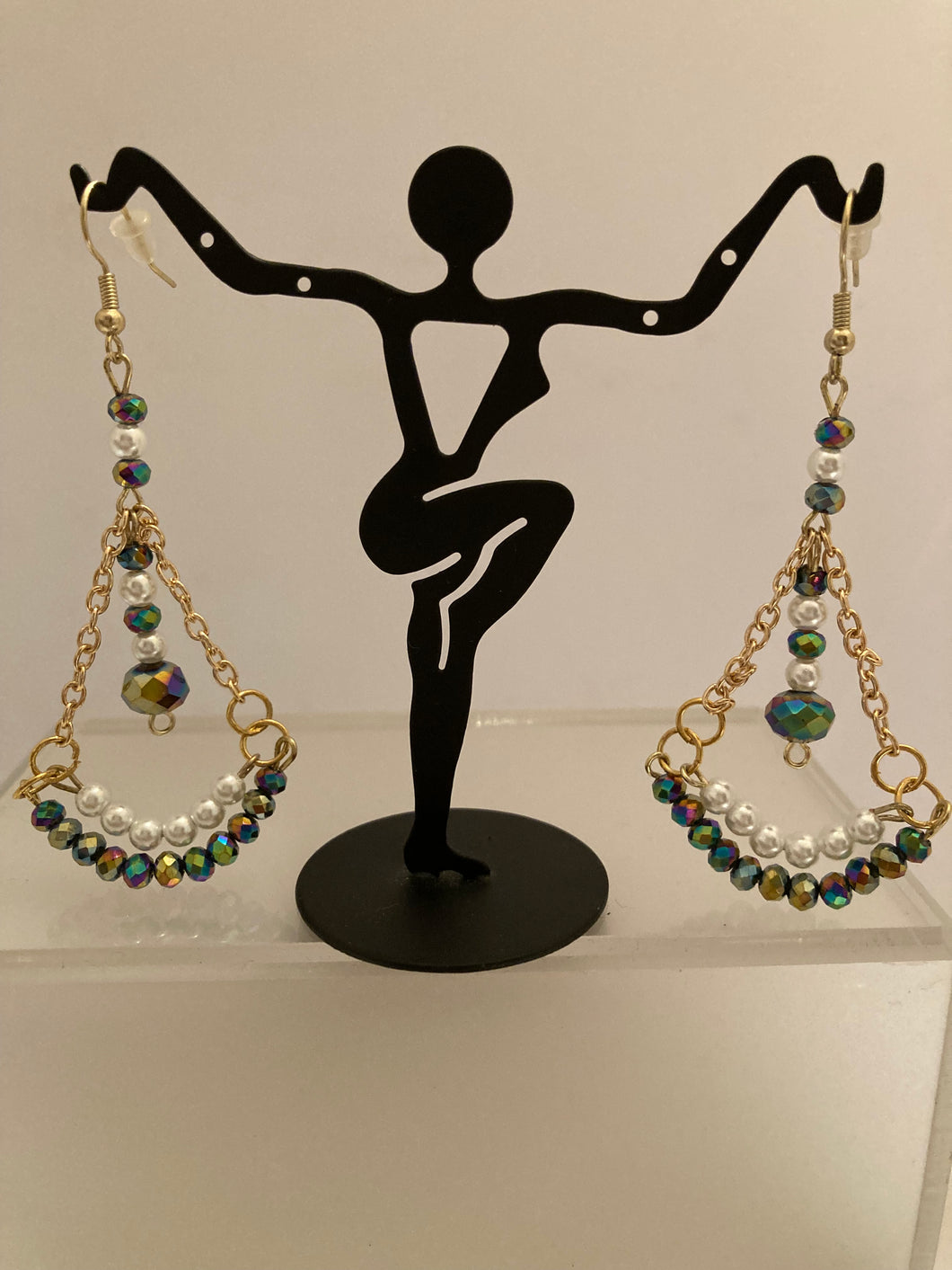 Dangling earrings with chains and multi-color and pearl beads