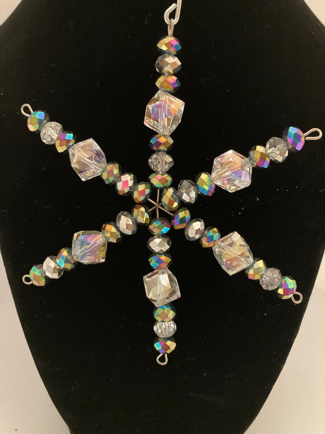 Iridescent multi-color and crystal beads snowflake ornament