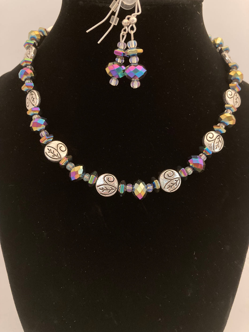 Multi-color rainbow choker with antique silver flower charms and earrings