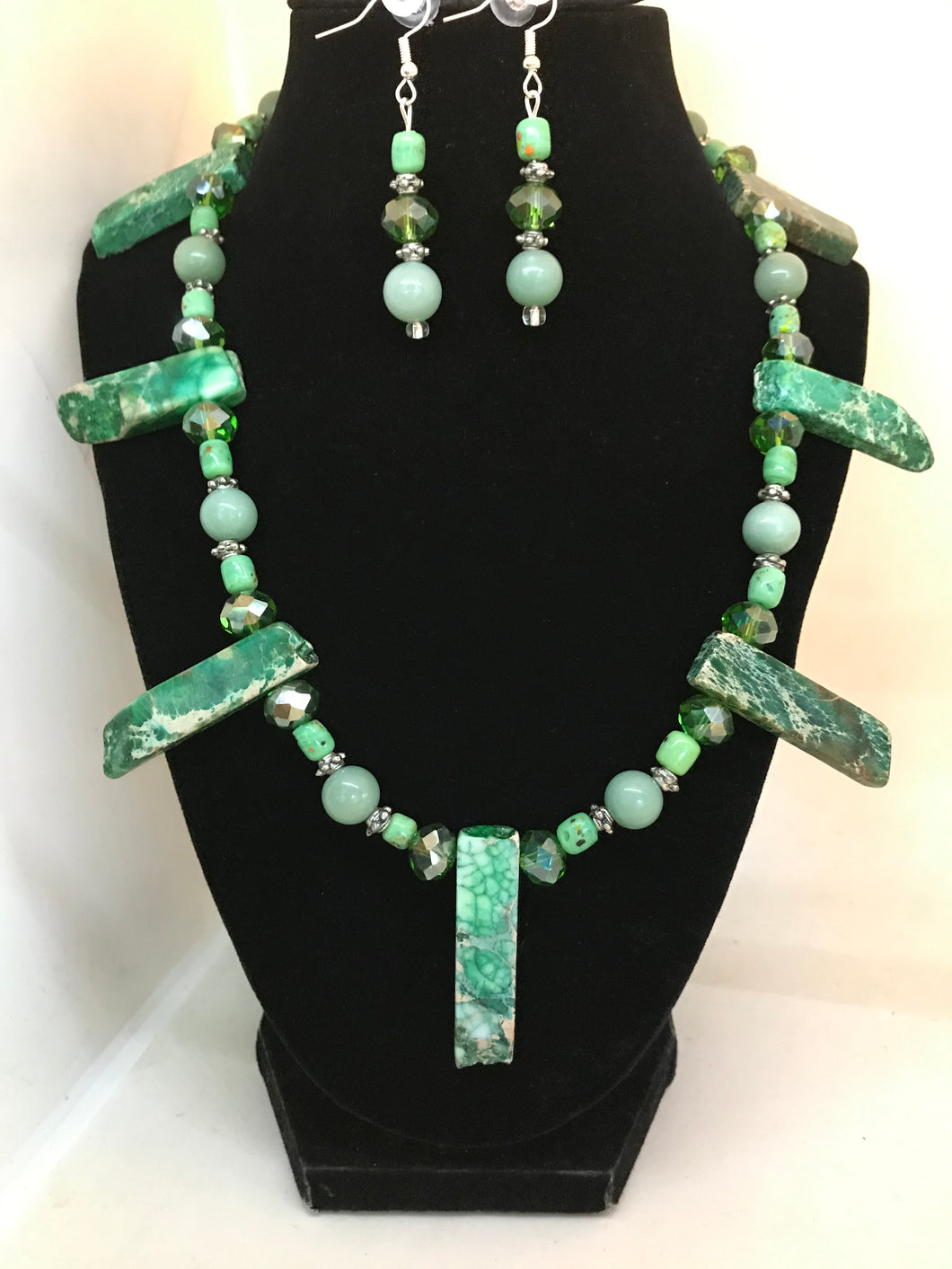Green dyed imperial jasper stone necklace and matching dangling earrings