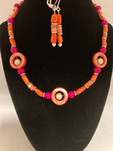 Load image into Gallery viewer, Bright orange, coral and pink choker with matching earrings
