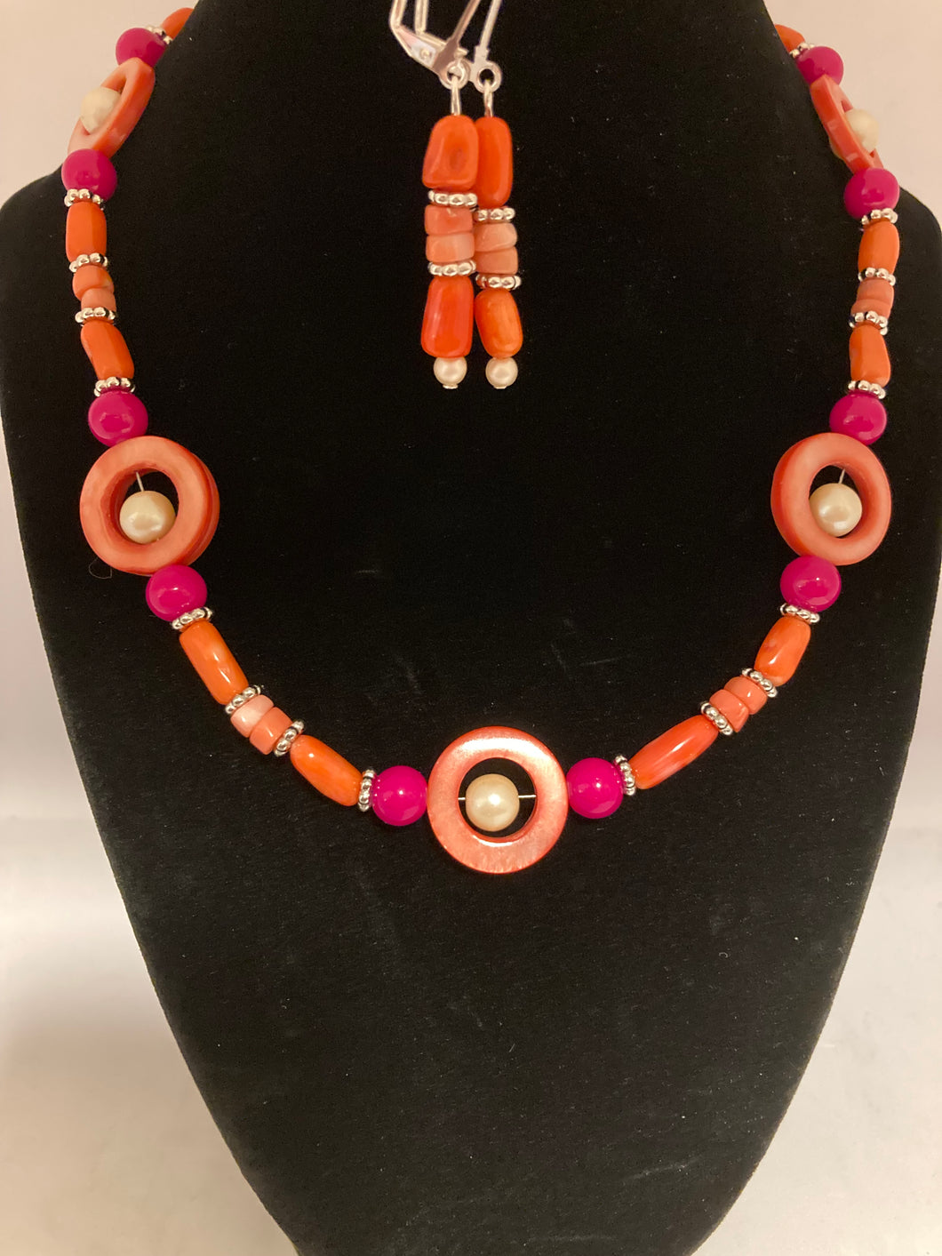 Bright orange, coral and pink choker with matching earrings