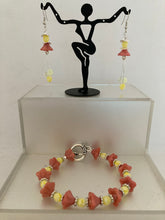 Load image into Gallery viewer, Trumpet flower and Czech beaded bracelet with matching earring set.
