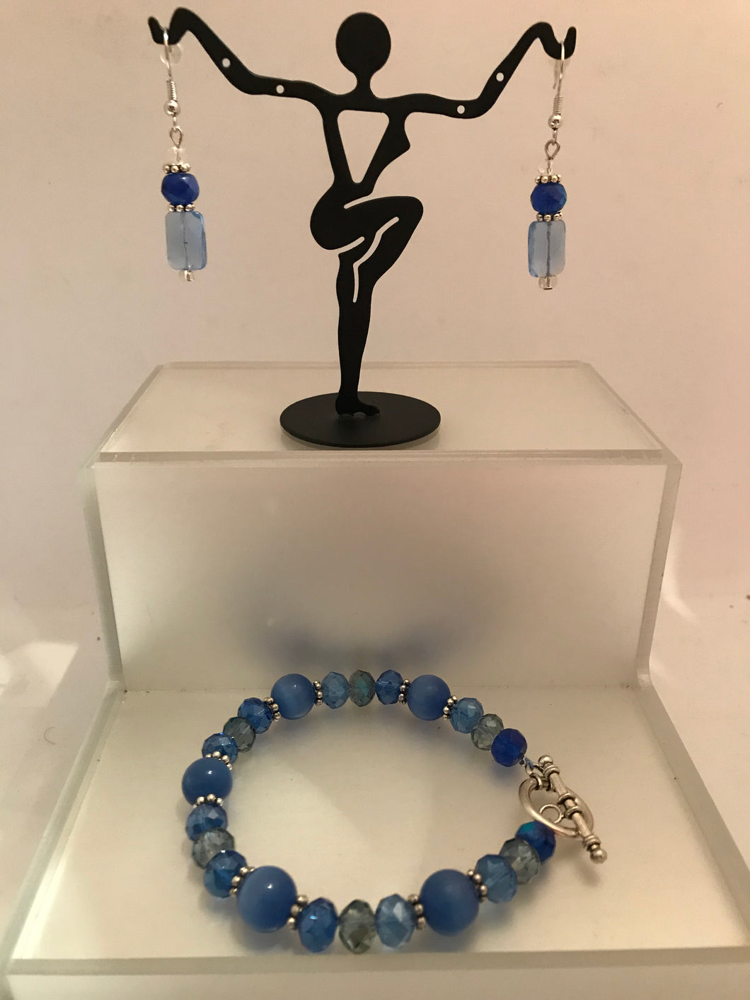 Cobalt and powder blue glass bracelet with matching earrings set