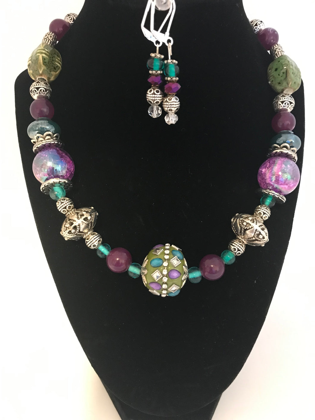 Multi-color glass and stone beaded necklace with matching earrings