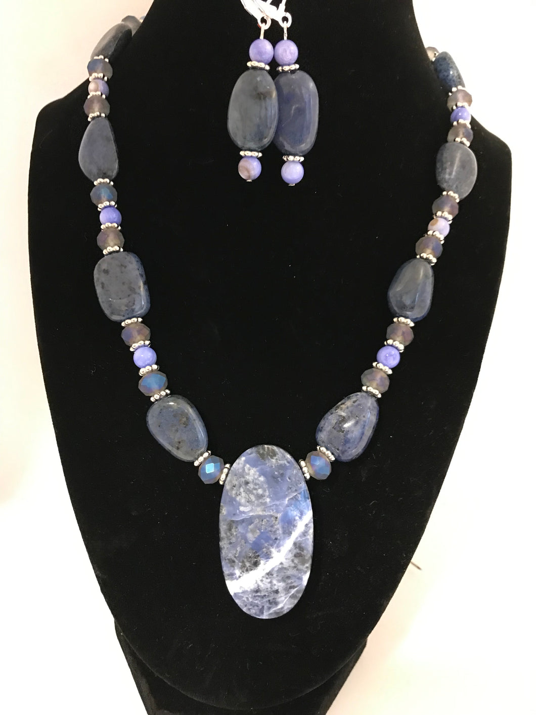 Sodalite pendant with dumortierite beads with matching earrings