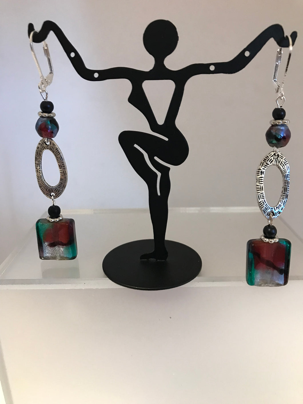 Multi-color glass bead with silver loop link earrings