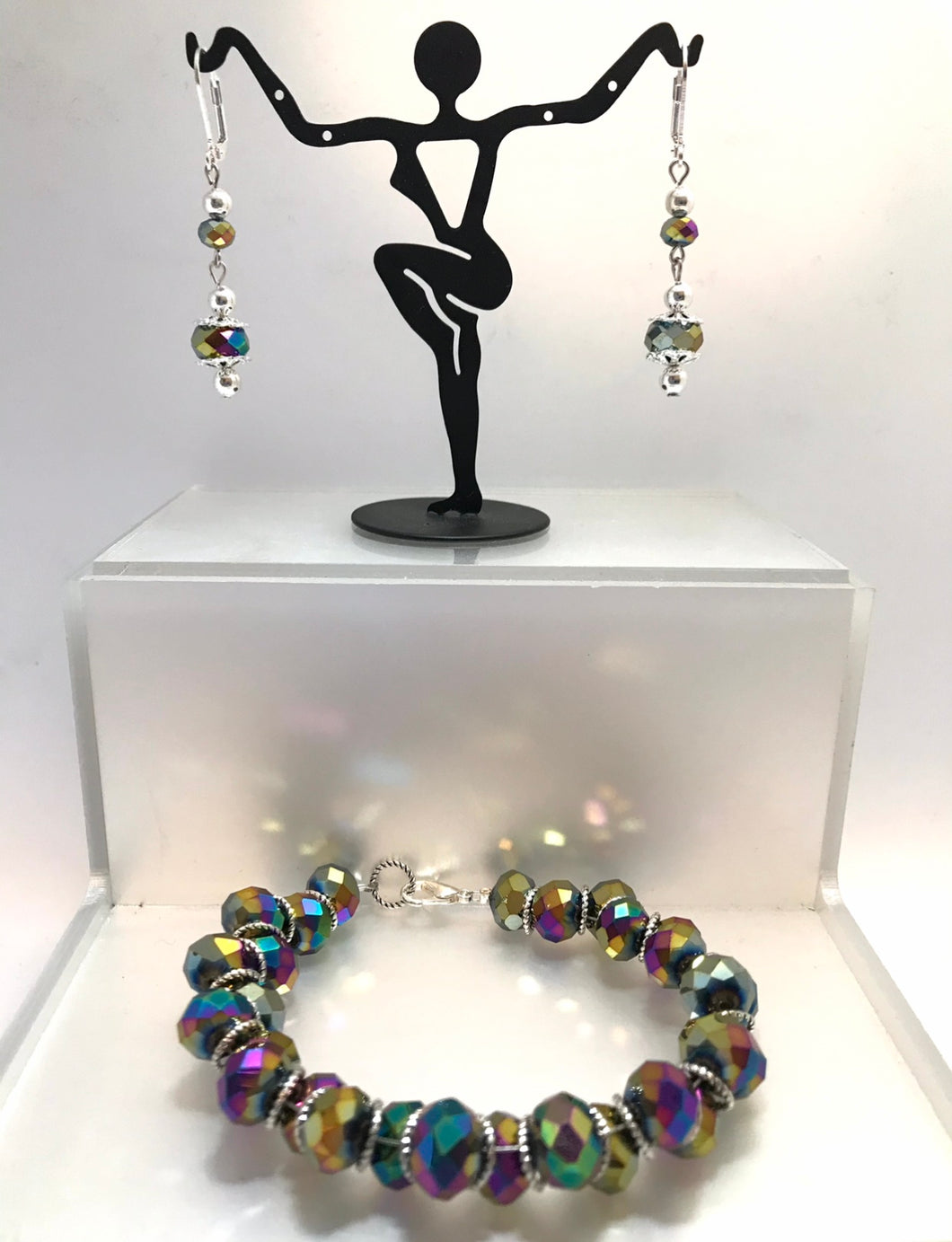 Irridescent multi-color glass bead bracelet and dangling earring set
