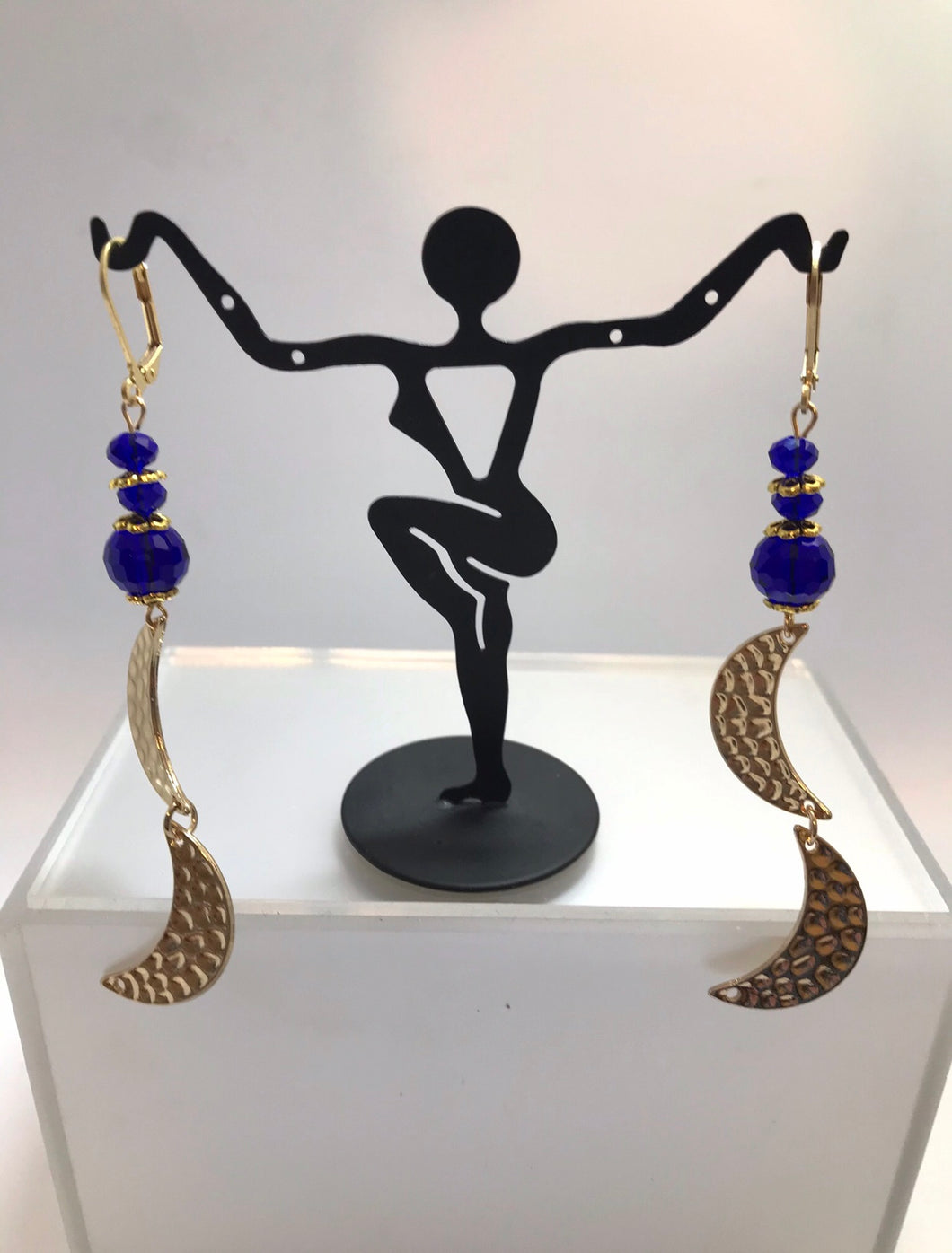 Gold moon charms with cobalt blue beads dangling earrings